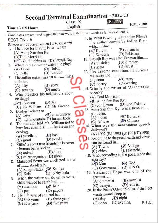 Class-10th English Second Terminal Exam Question Paper 2022